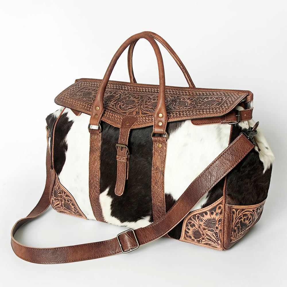 ADBG516 Large Cowhide and Tooled Leather Travel Duffle Bag Sage