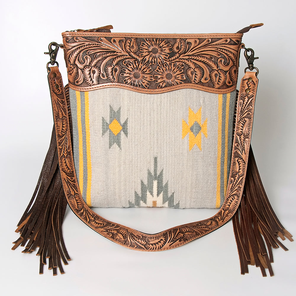 ADBG510 Tooled Leather & Saddle Blanket Crossbody Bag Western Fringe Purse - American Darling