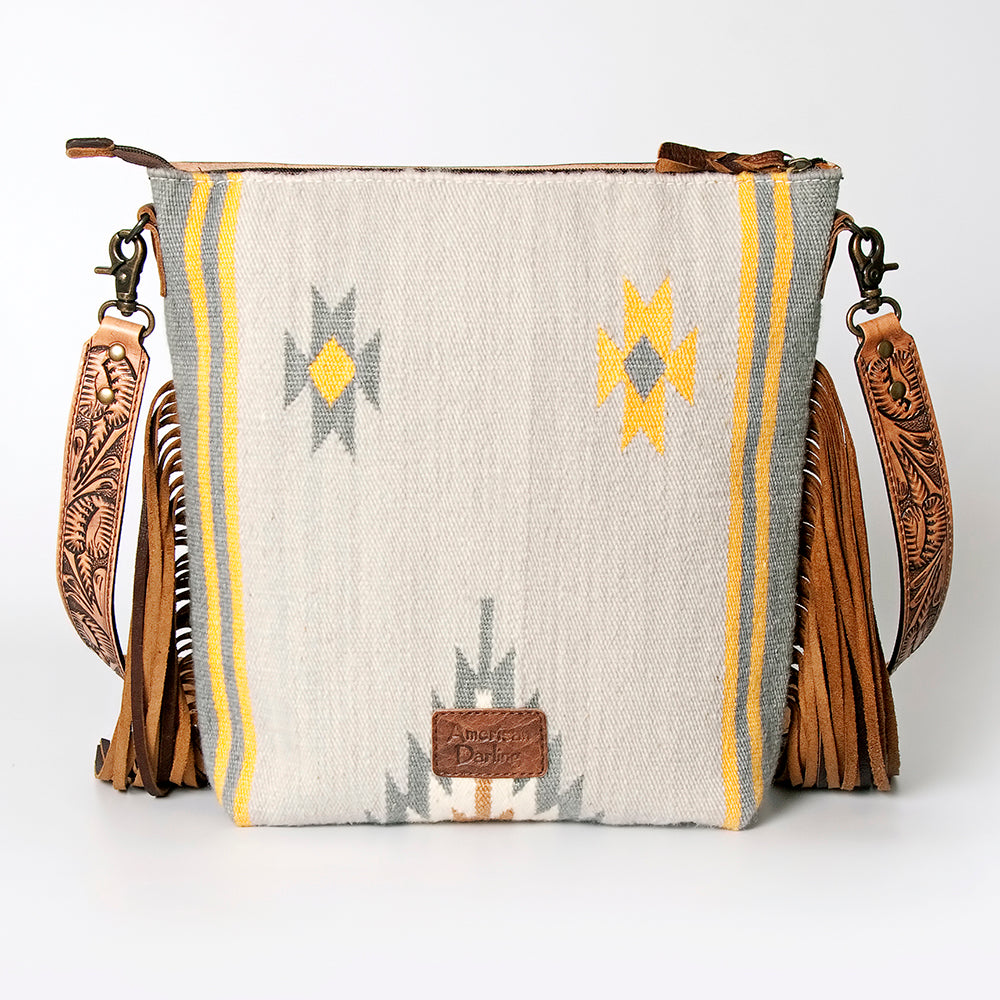 ADBG510 Tooled Leather & Saddle Blanket Crossbody Bag Western Fringe Purse - American Darling