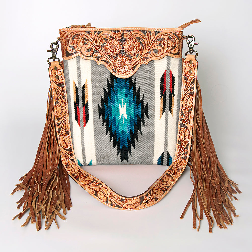 ADBG298 American Darling Cross body Bag - Hand Tooled Floral Leather & Woven Saddle Blanket Purse