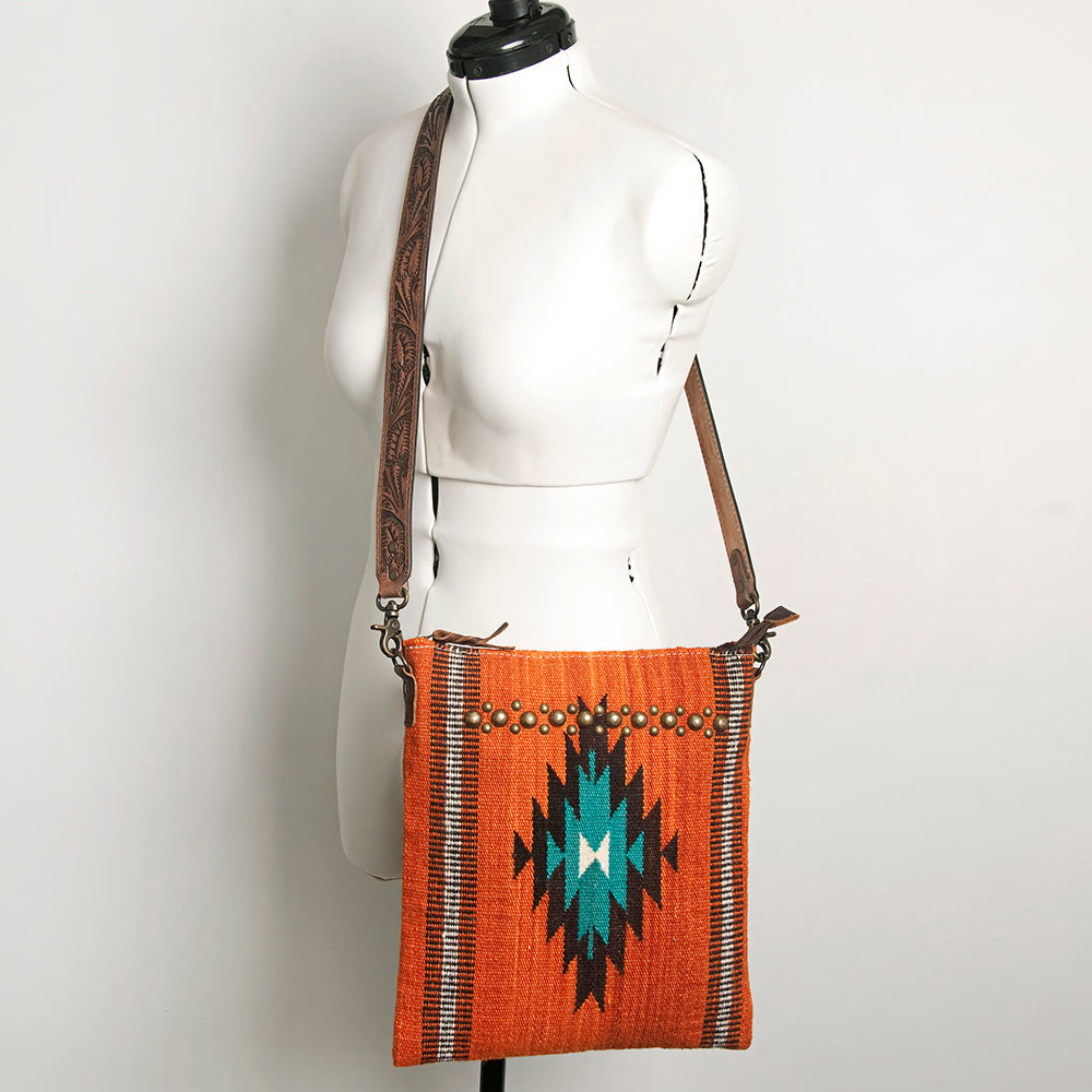 LC-ADBG865 Orange Southwestern Saddle Blanket Crossbody Bag with Tooled Leather Strap & Stud Accents