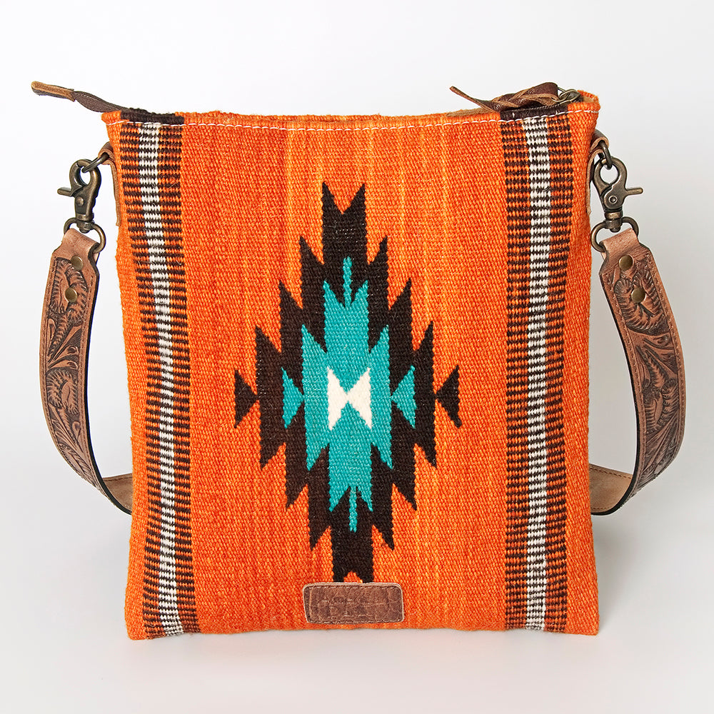 LC-ADBG865 Orange Southwestern Saddle Blanket Crossbody Bag with Tooled Leather Strap & Stud Accents