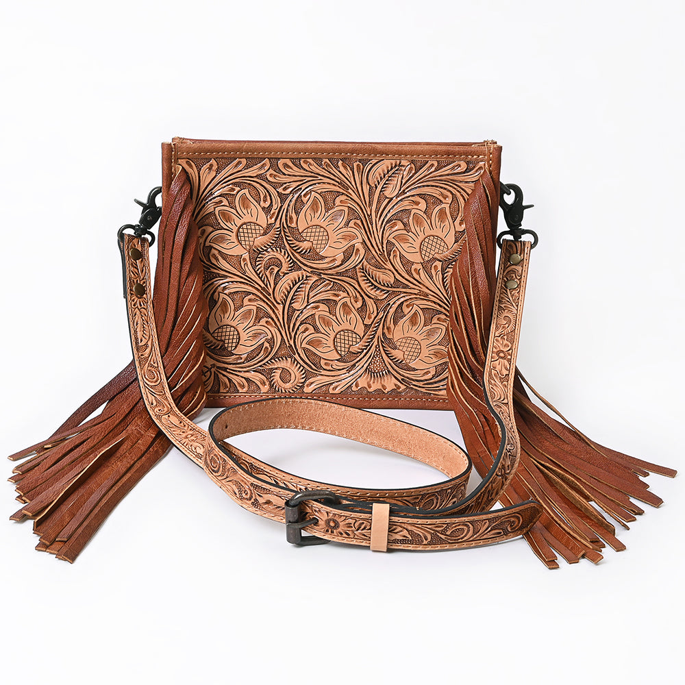 ADBG324 Hand-Tooled Leather Messenger Bag with Floral Carving and Fringe Strap
