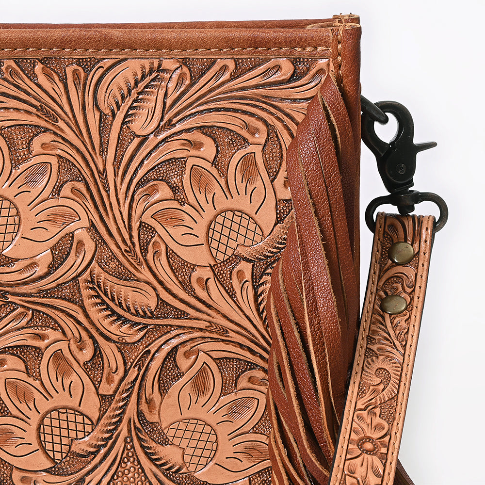 ADBG324 Hand-Tooled Leather Messenger Bag with Floral Carving and Fringe Strap