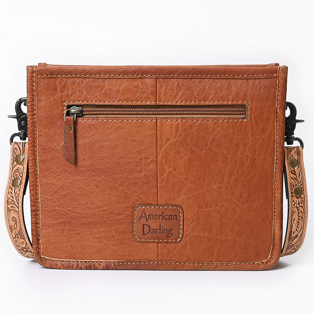 ADBG324 Hand-Tooled Leather Messenger Bag with Floral Carving and Fringe Strap