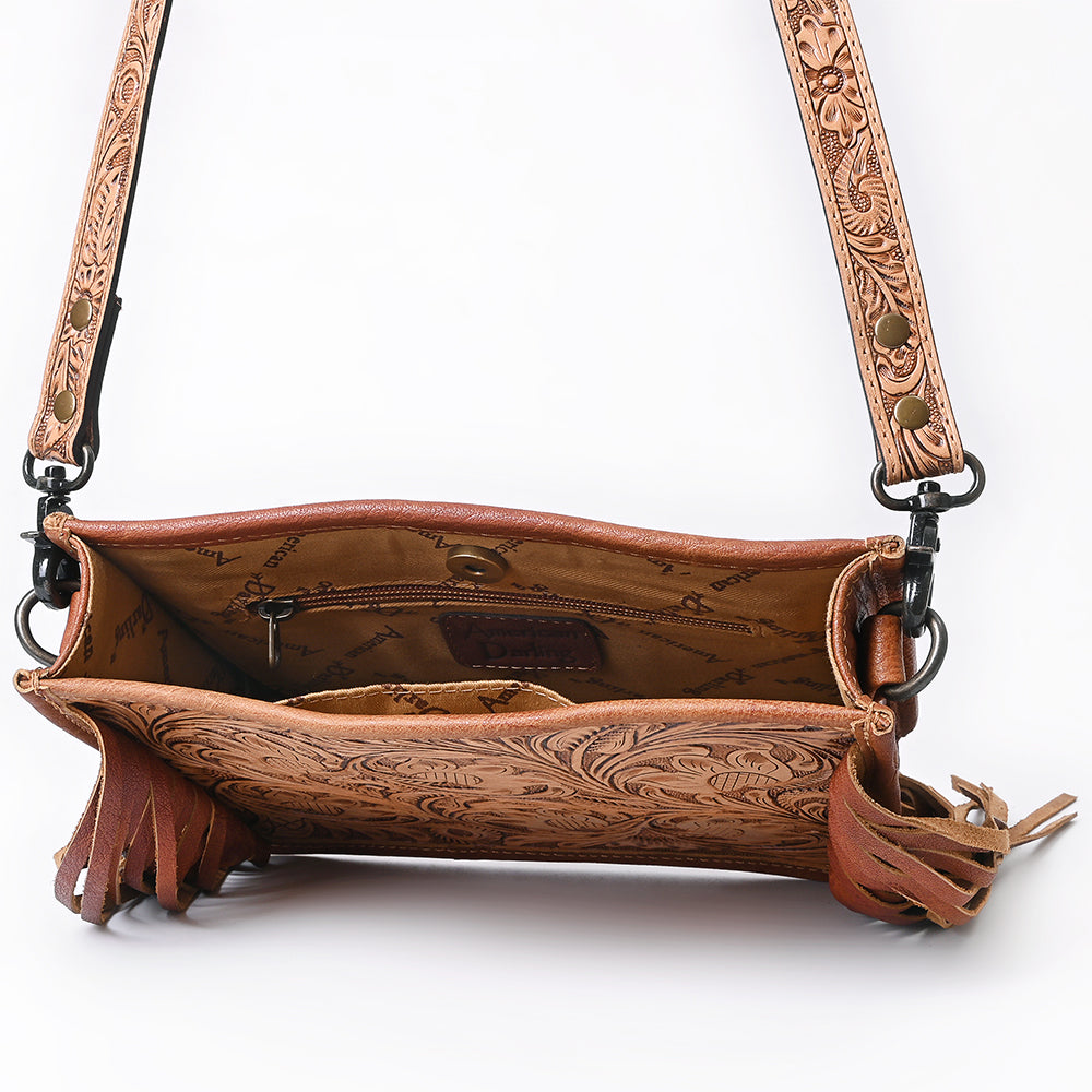 ADBG324 Hand-Tooled Leather Messenger Bag with Floral Carving and Fringe Strap