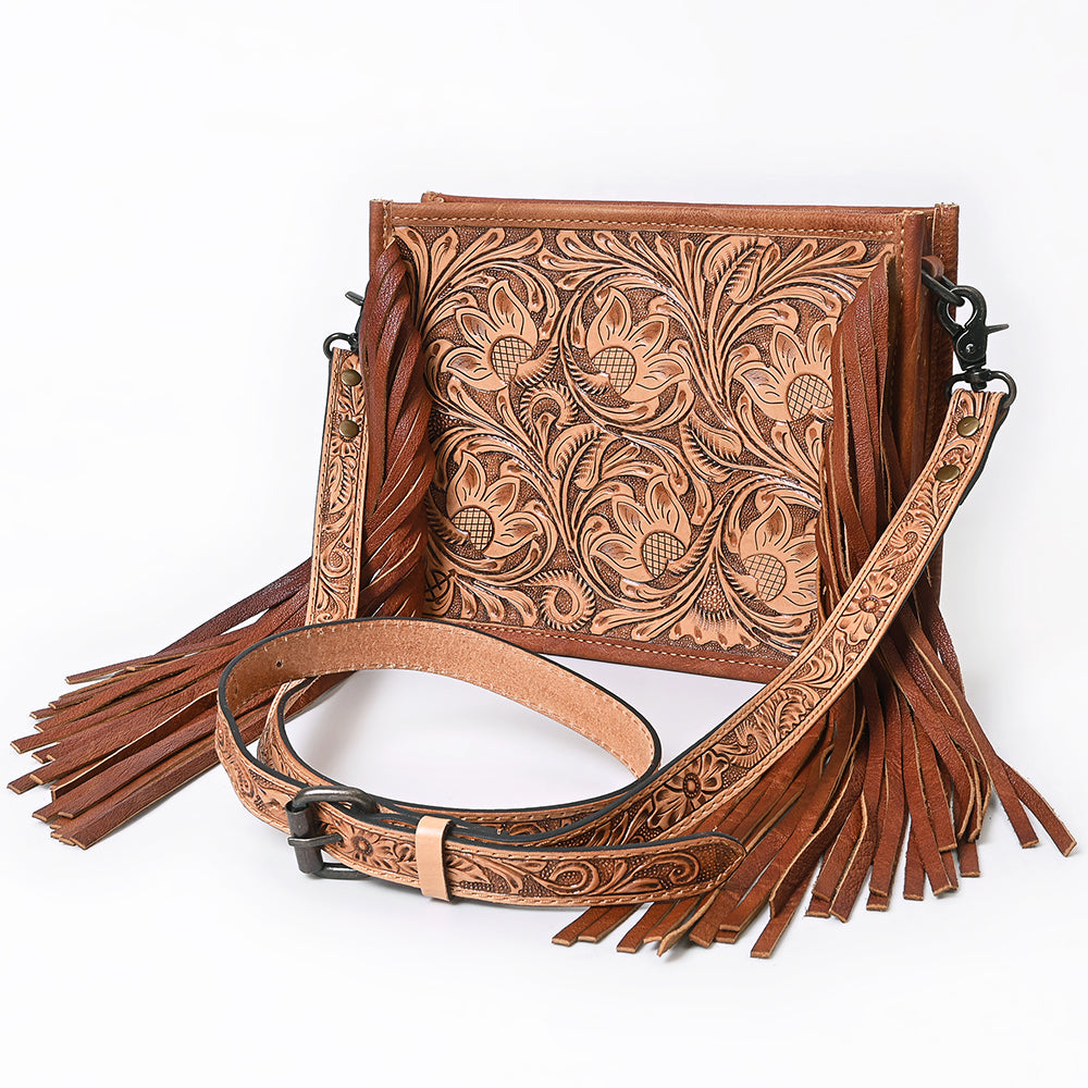 ADBG324 Hand-Tooled Leather Messenger Bag with Floral Carving and Fringe Strap