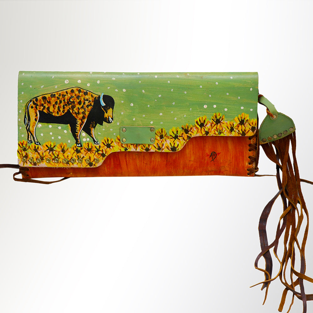 ADBGM136 Cowgirl Hand-Painted Leather Clutch - Western Art with Fringe and Stud Detail