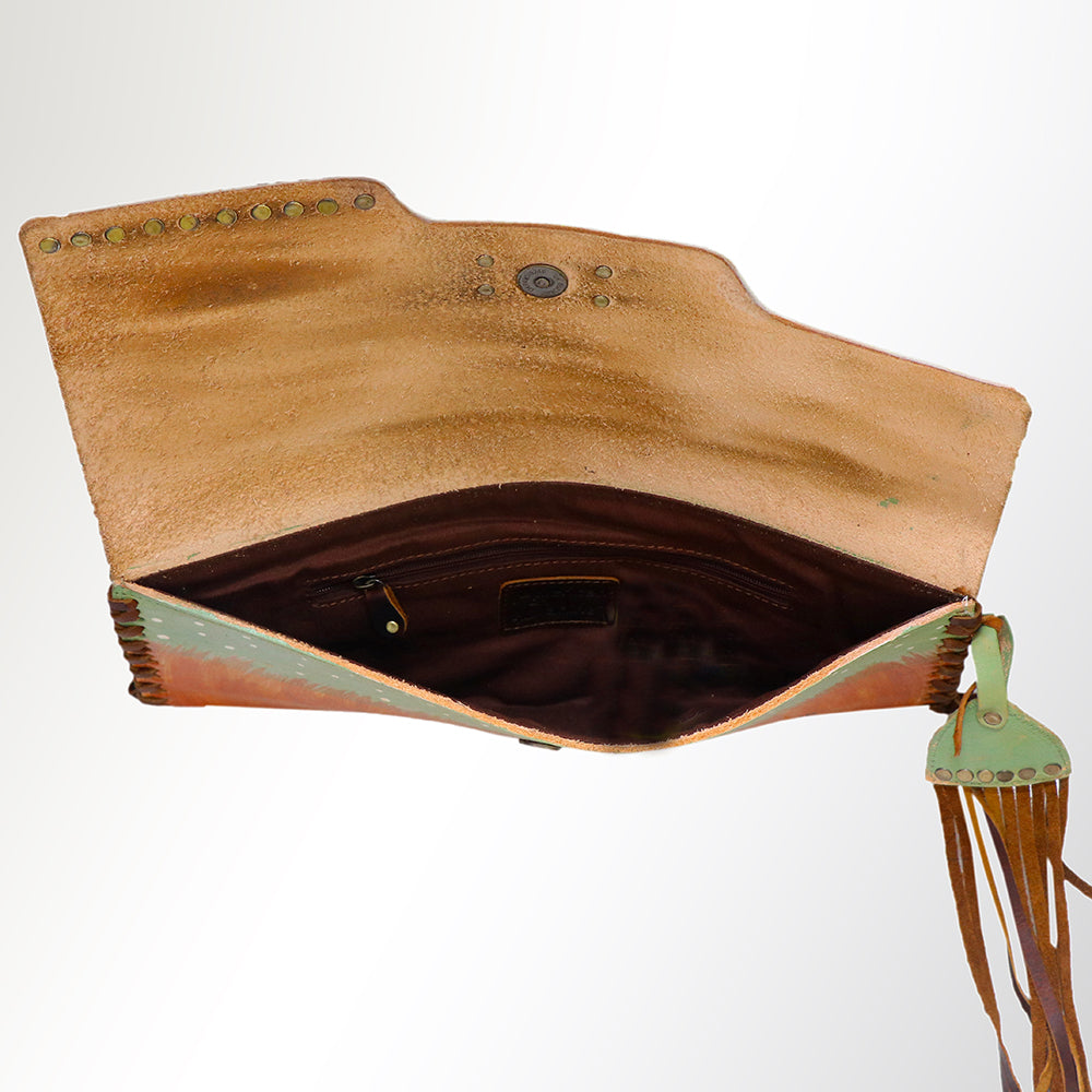 ADBGM136 Cowgirl Hand-Painted Leather Clutch - Western Art with Fringe and Stud Detail
