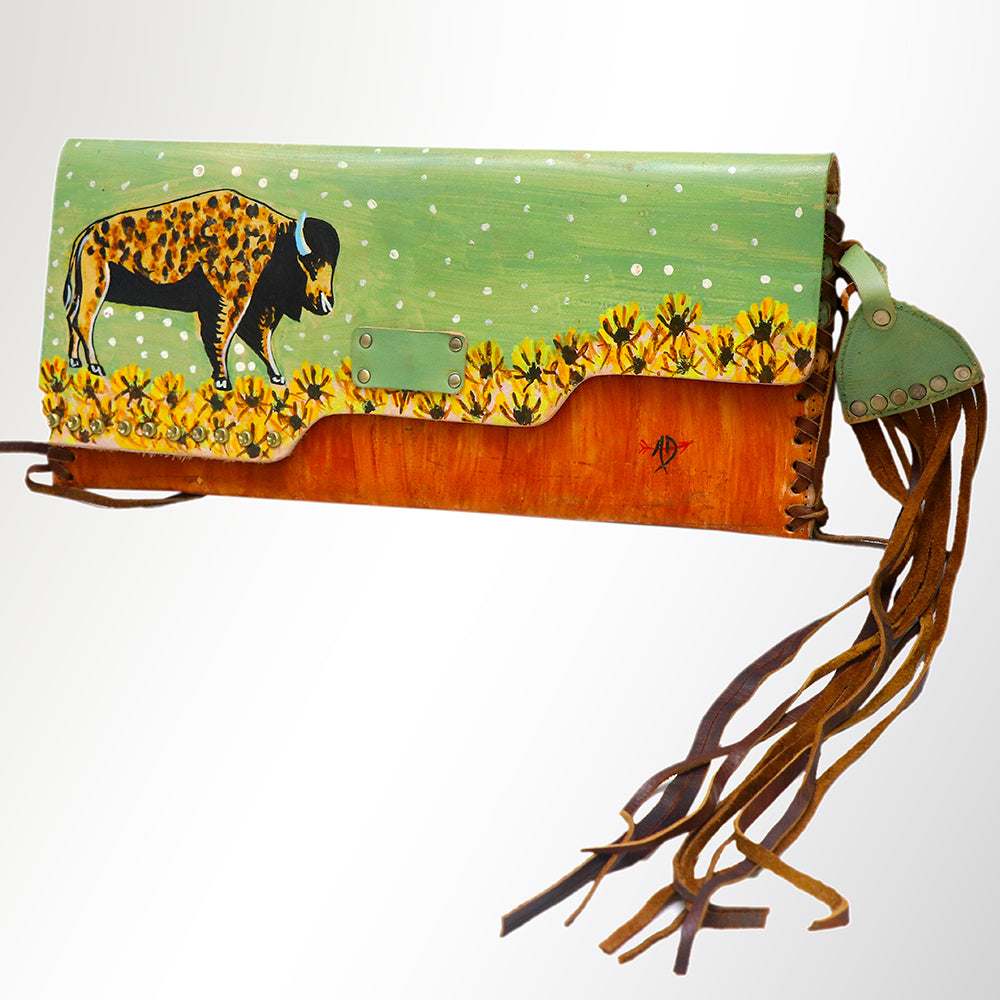 ADBGM136 Cowgirl Hand-Painted Leather Clutch - Western Art with Fringe and Stud Detail