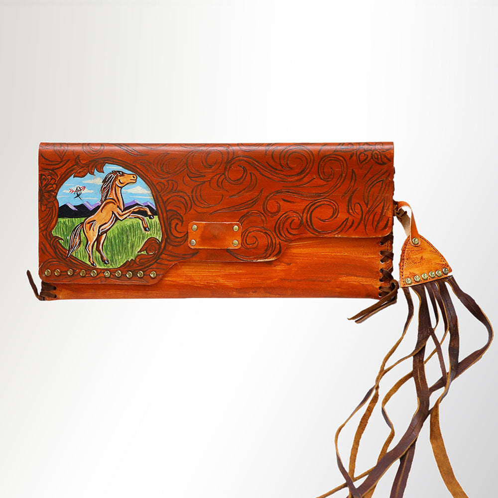 ADBGM136 Cowgirl Hand-Painted Leather Clutch - Western Art with Fringe and Stud Detail