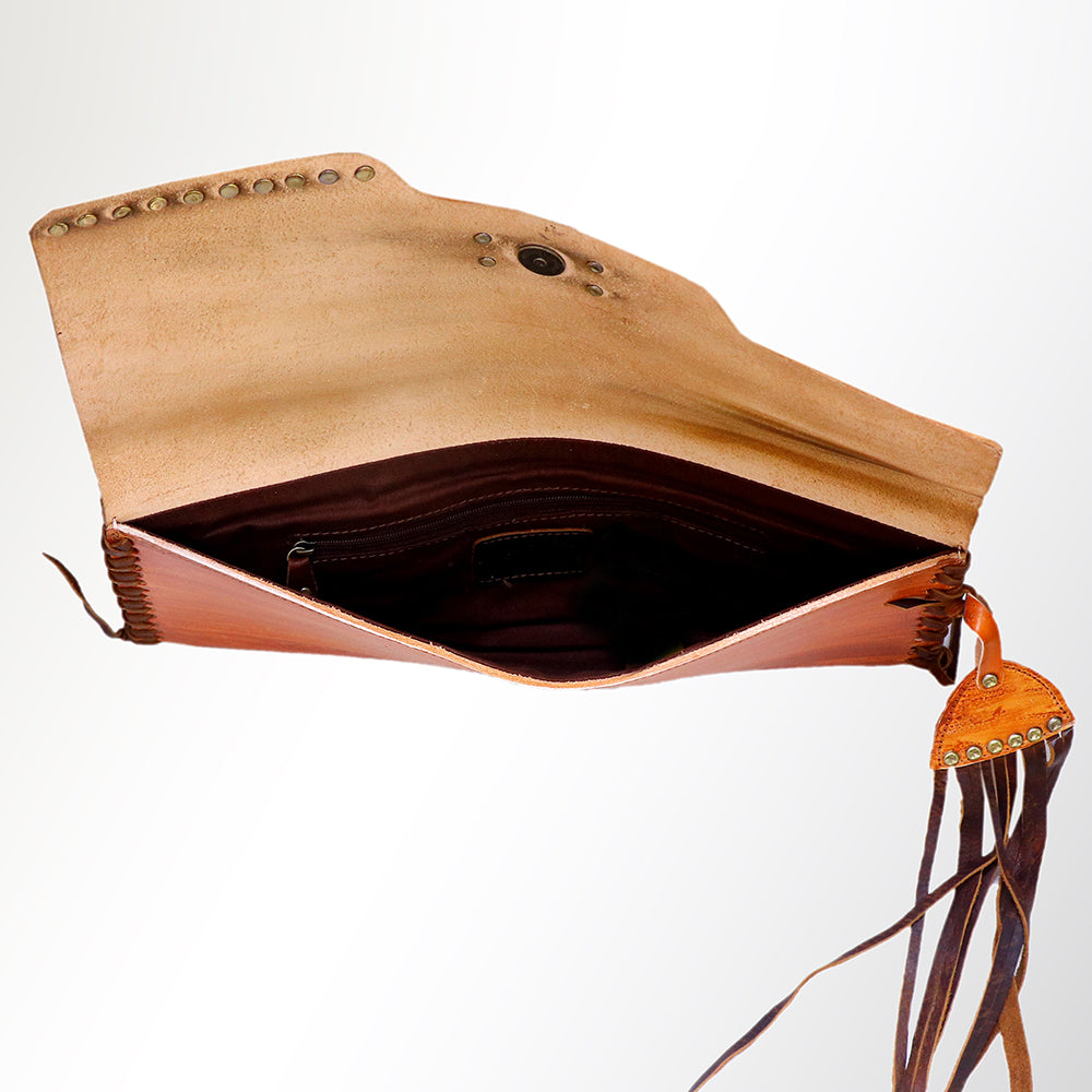 ADBGM136 Cowgirl Hand-Painted Leather Clutch - Western Art with Fringe and Stud Detail