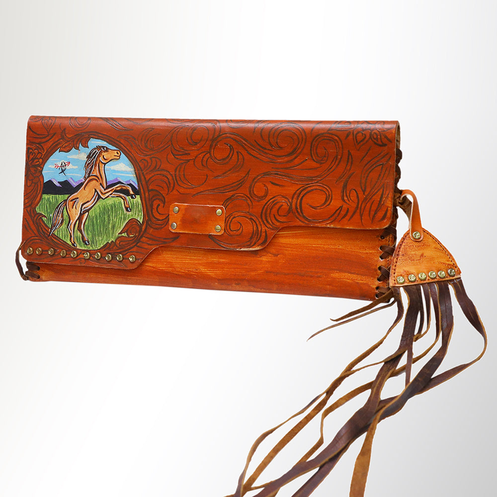 ADBGM136 Cowgirl Hand-Painted Leather Clutch - Western Art with Fringe and Stud Detail