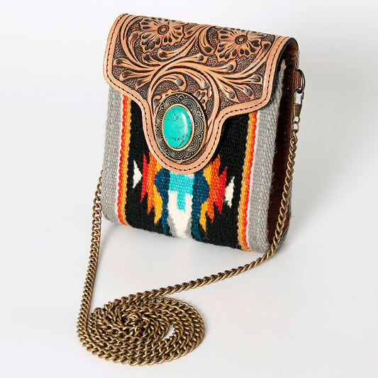 LC-ADBG825 Southwestern Mini Crossbody Bag with Tooled Leather Flap & Turquoise Accent
