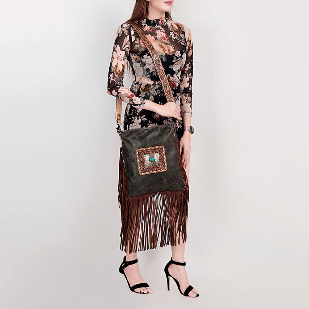 ADBGS192 Cowhide Large Crossbody Bag with Tooled Patch, Fringe & Floral Strap - Western Hand Purse
