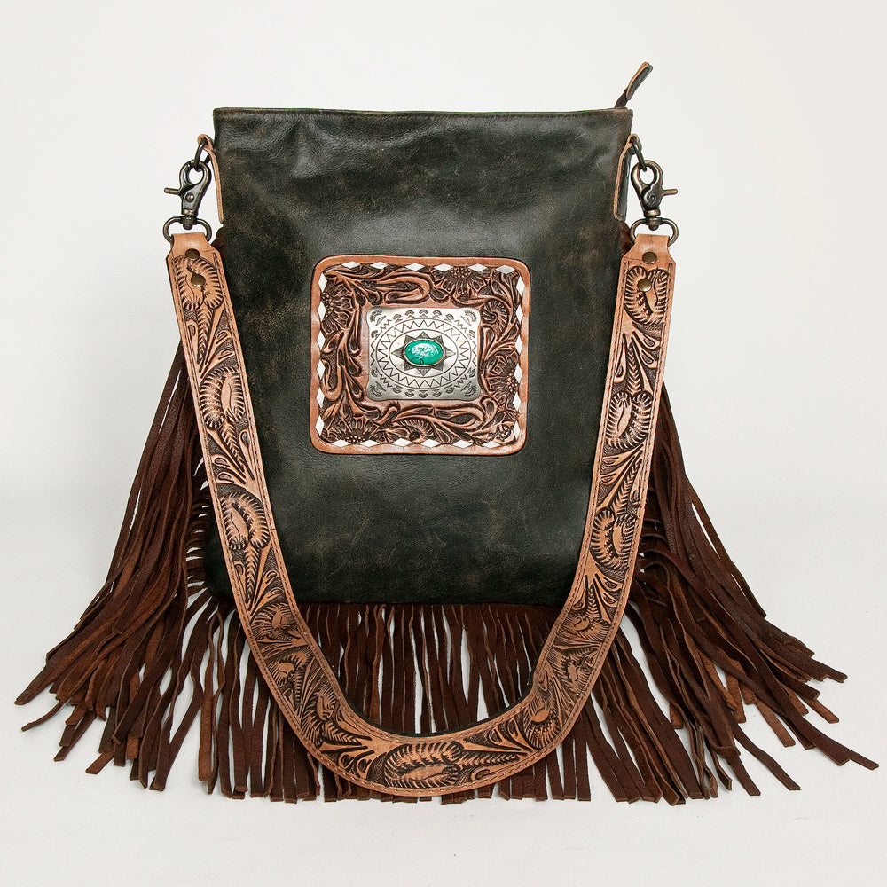 ADBGS192 Cowhide Large Crossbody Bag with Tooled Patch, Fringe & Floral Strap - Western Hand Purse