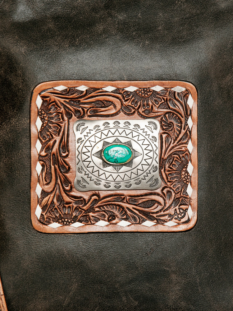 ADBGS192 Cowhide Large Crossbody Bag with Tooled Patch, Fringe & Floral Strap - Western Hand Purse