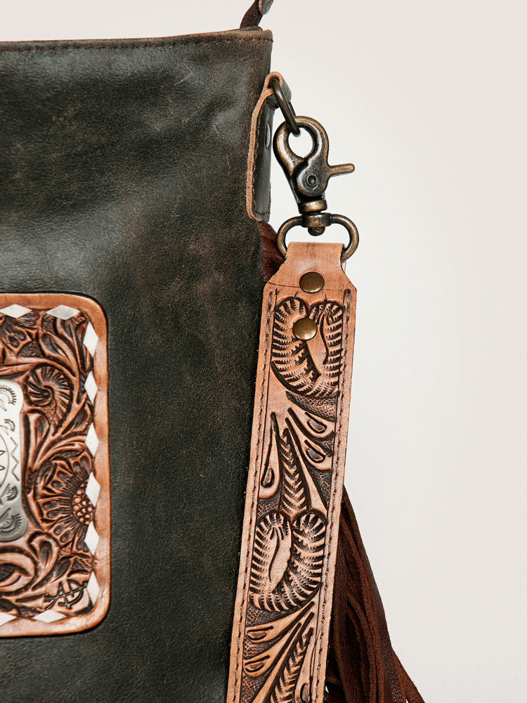 ADBGS192 Cowhide Large Crossbody Bag with Tooled Patch, Fringe & Floral Strap - Western Hand Purse