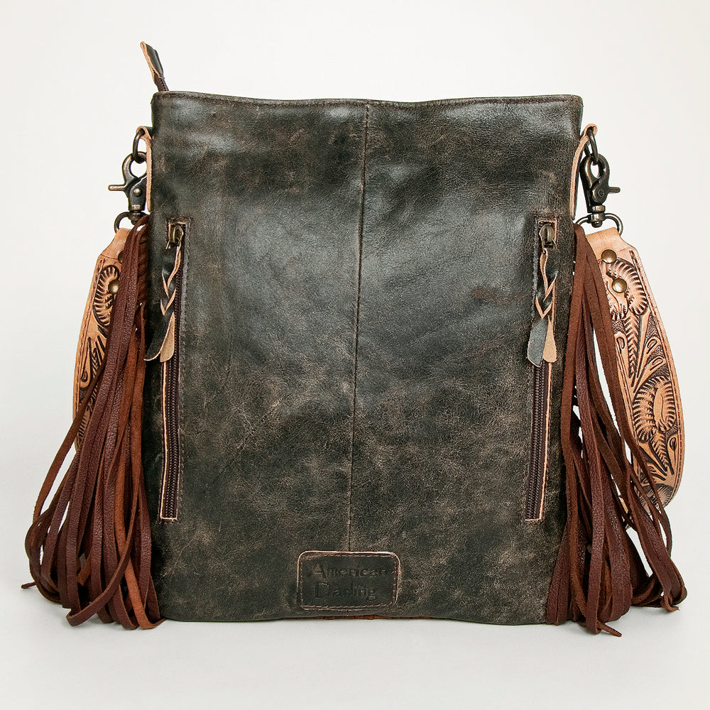 ADBGS192 Cowhide Large Crossbody Bag with Tooled Patch, Fringe & Floral Strap - Western Hand Purse