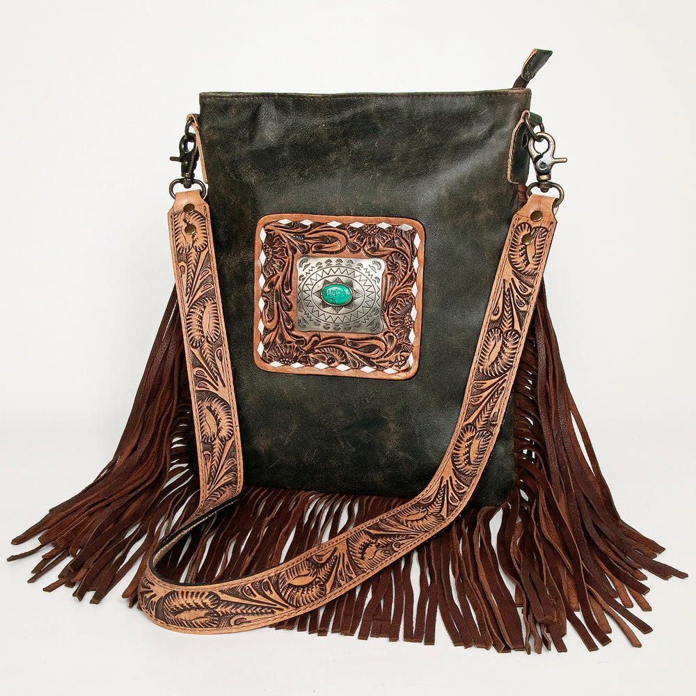 ADBGS192 Cowhide Large Crossbody Bag with Tooled Patch, Fringe & Floral Strap - Western Hand Purse