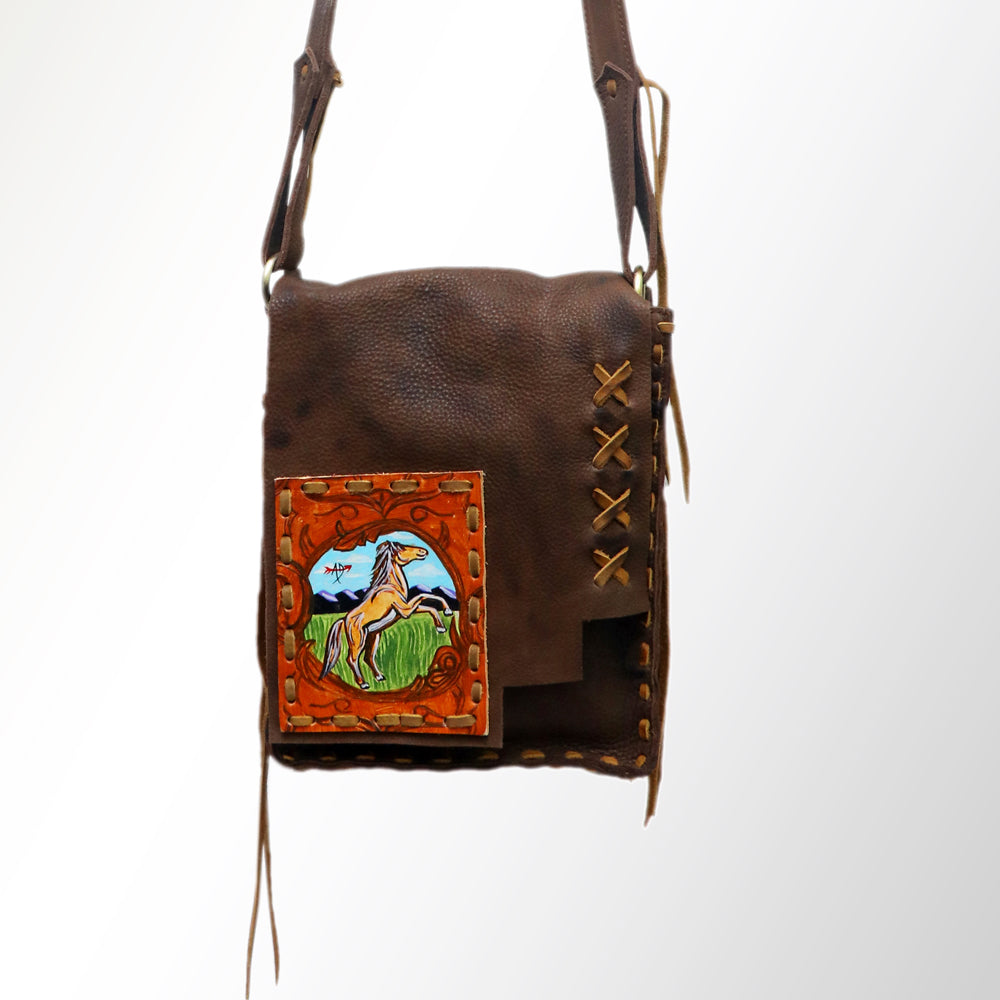 ADBGM115 Hand-Painted Leather Crossbody Bag - Western Artwork with Laced Stitching