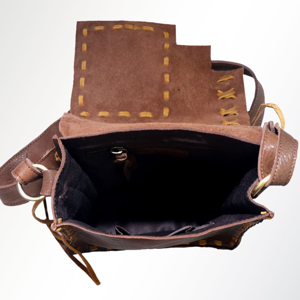 ADBGM115 Hand-Painted Leather Crossbody Bag - Western Artwork with Laced Stitching