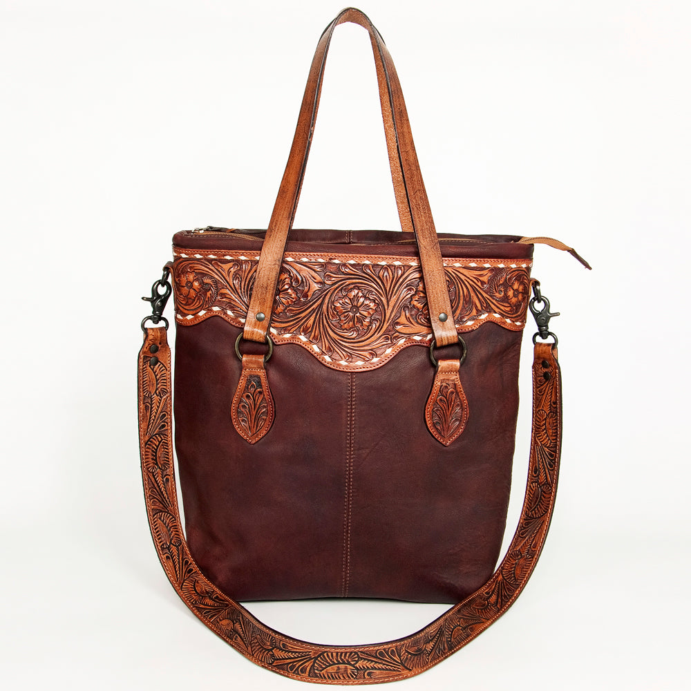 LC-ADBGZ259A Hand-Tooled Full Leather Western Tote Bag - Wine Red with Floral Strap