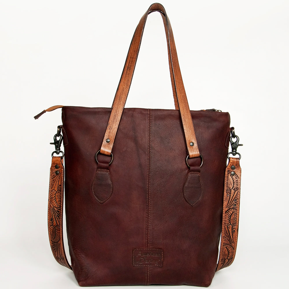 LC-ADBGZ259A Hand-Tooled Full Leather Western Tote Bag - Wine Red with Floral Strap