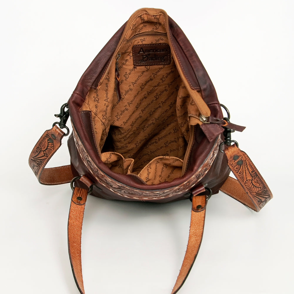 LC-ADBGZ259A Hand-Tooled Full Leather Western Tote Bag - Wine Red with Floral Strap