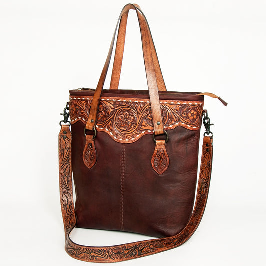 LC-ADBGZ259A Hand-Tooled Full Leather Western Tote Bag - Wine Red with Floral Strap
