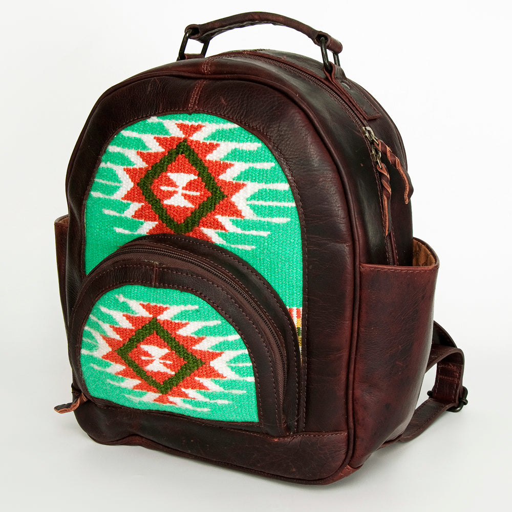 LC-ADBGZ631A Handwoven Wool & Genuine Leather Western Backpack - Tribal Turquoise Design