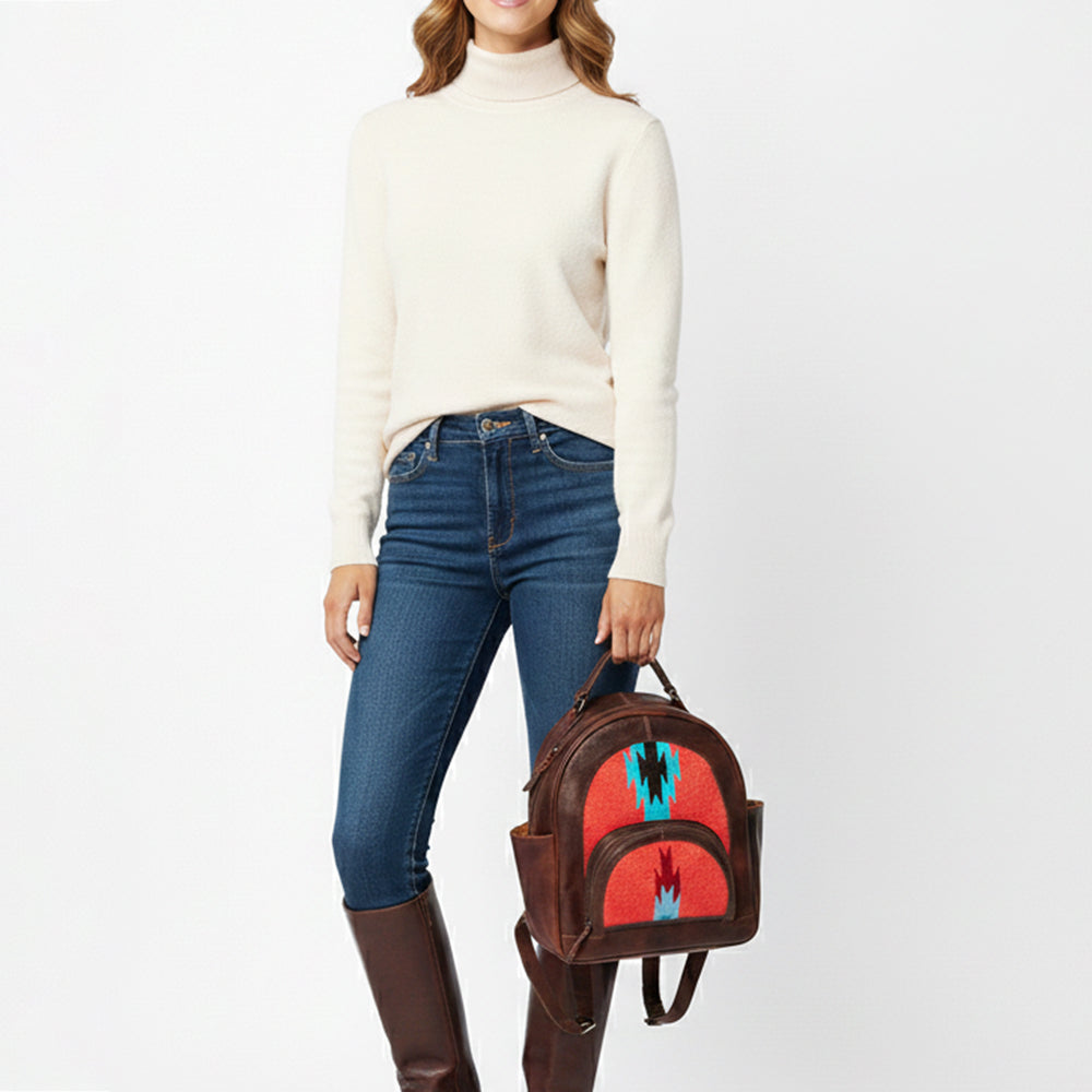 LC-ADBGZ631B Handwoven Wool & Leather Western Backpack - Red with Lightning Pattern