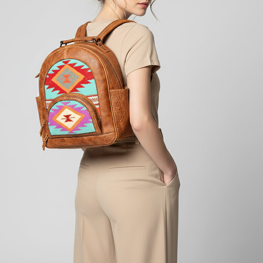 LC-ADBGZ632A Handwoven Wool & Tan Leather Western Backpack - Multicolor Tribal Design