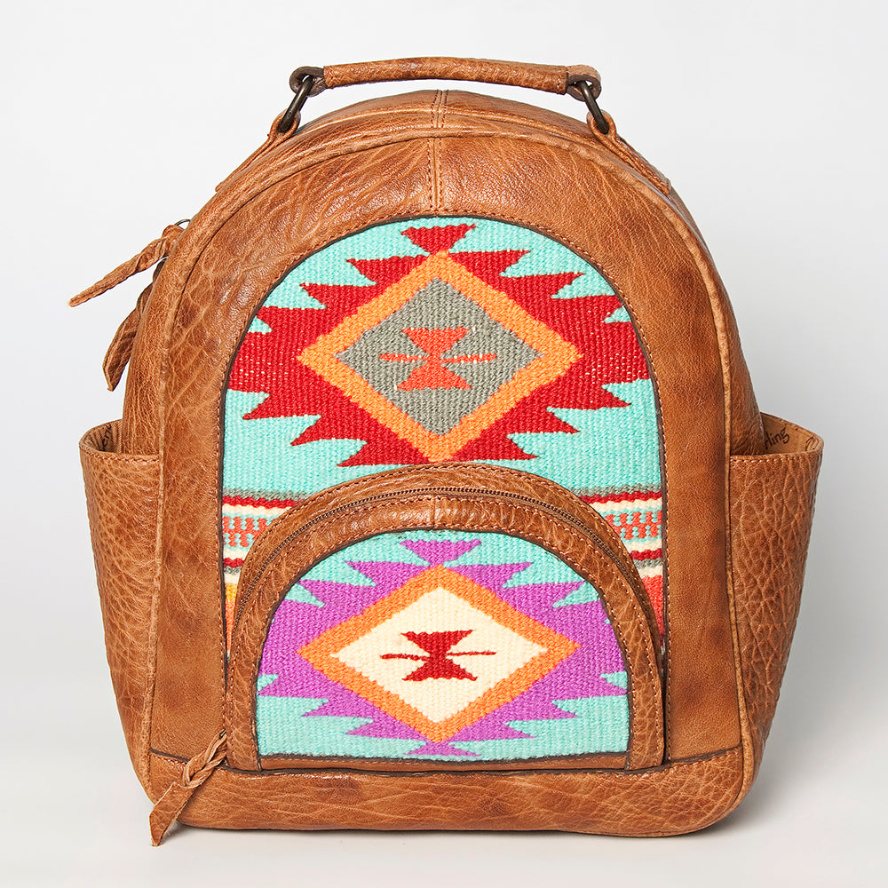 LC-ADBGZ632A Handwoven Wool & Tan Leather Western Backpack - Multicolor Tribal Design