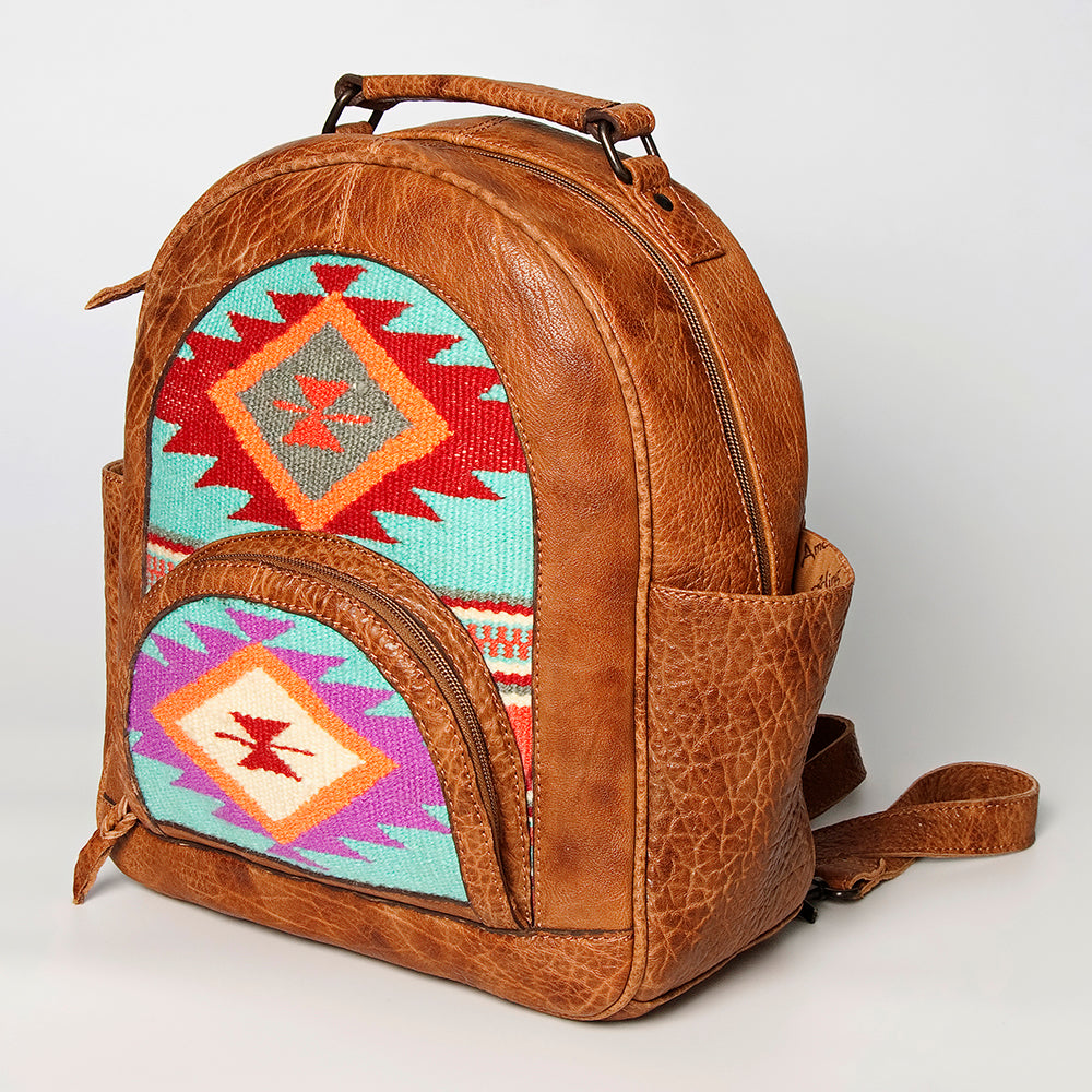 LC-ADBGZ632A Handwoven Wool & Tan Leather Western Backpack - Multicolor Tribal Design