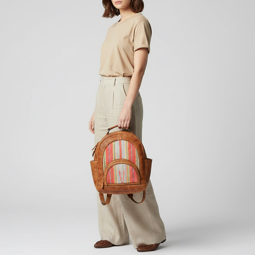 LC-ADBGZ632B Tan Leather Western Backpack with Handwoven Striped Wool Front