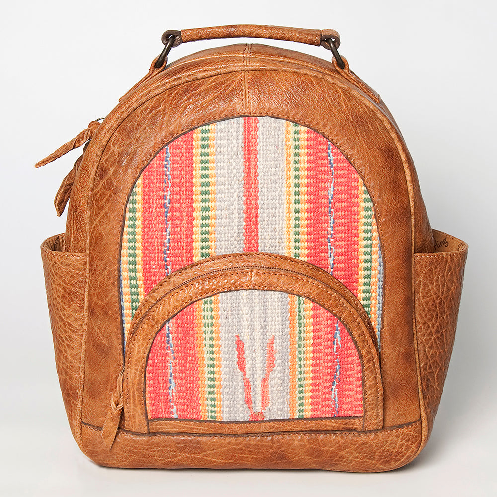 LC-ADBGZ632B Tan Leather Western Backpack with Handwoven Striped Wool Front