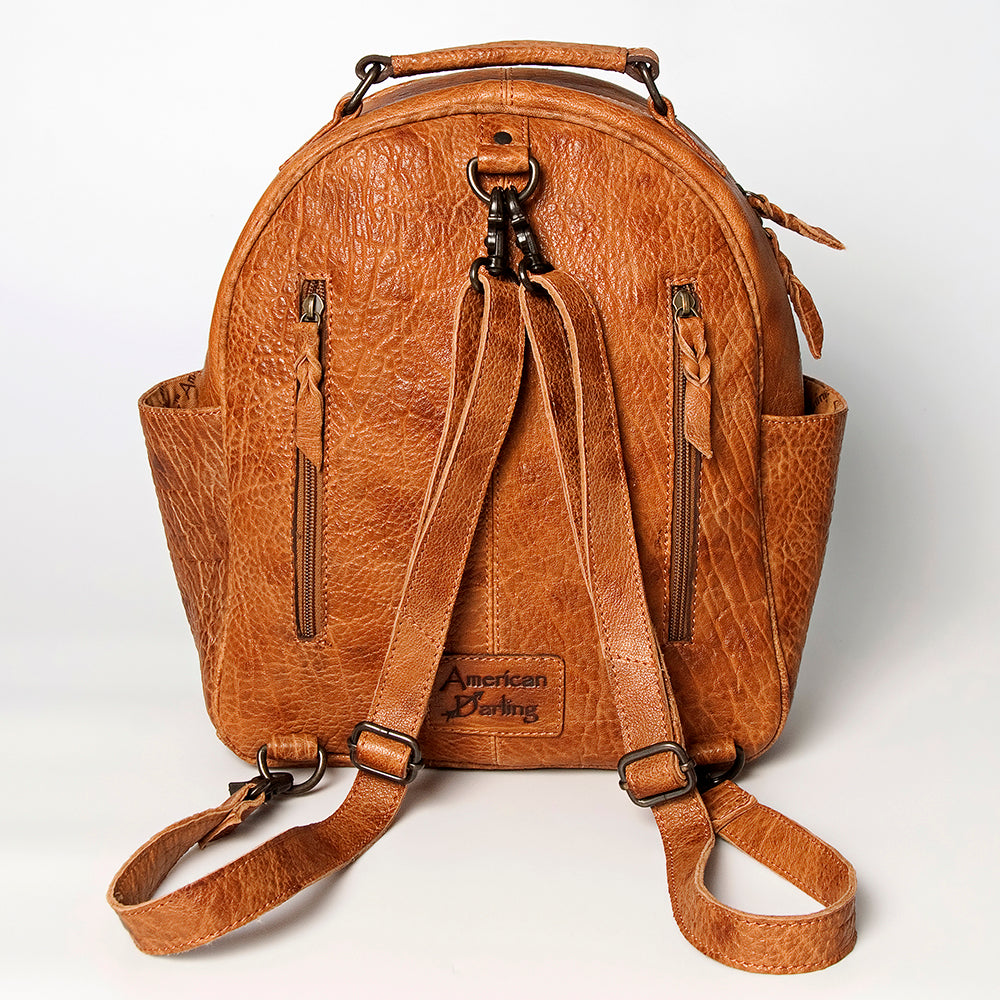 LC-ADBGZ632B Tan Leather Western Backpack with Handwoven Striped Wool Front