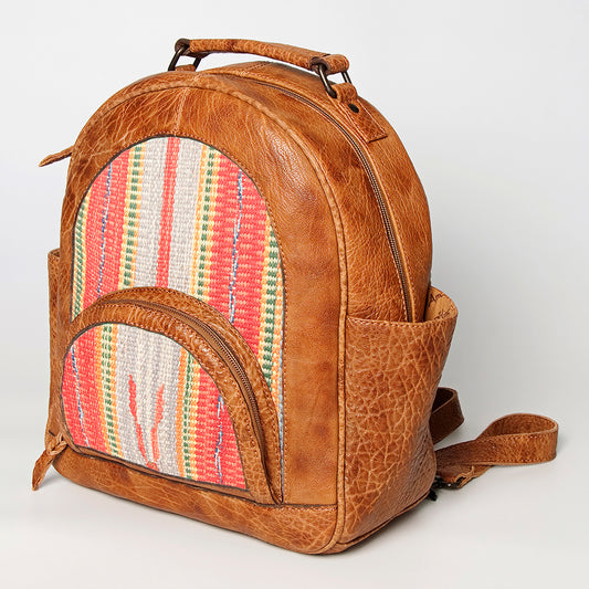 LC-ADBGZ632B Tan Leather Western Backpack with Handwoven Striped Wool Front