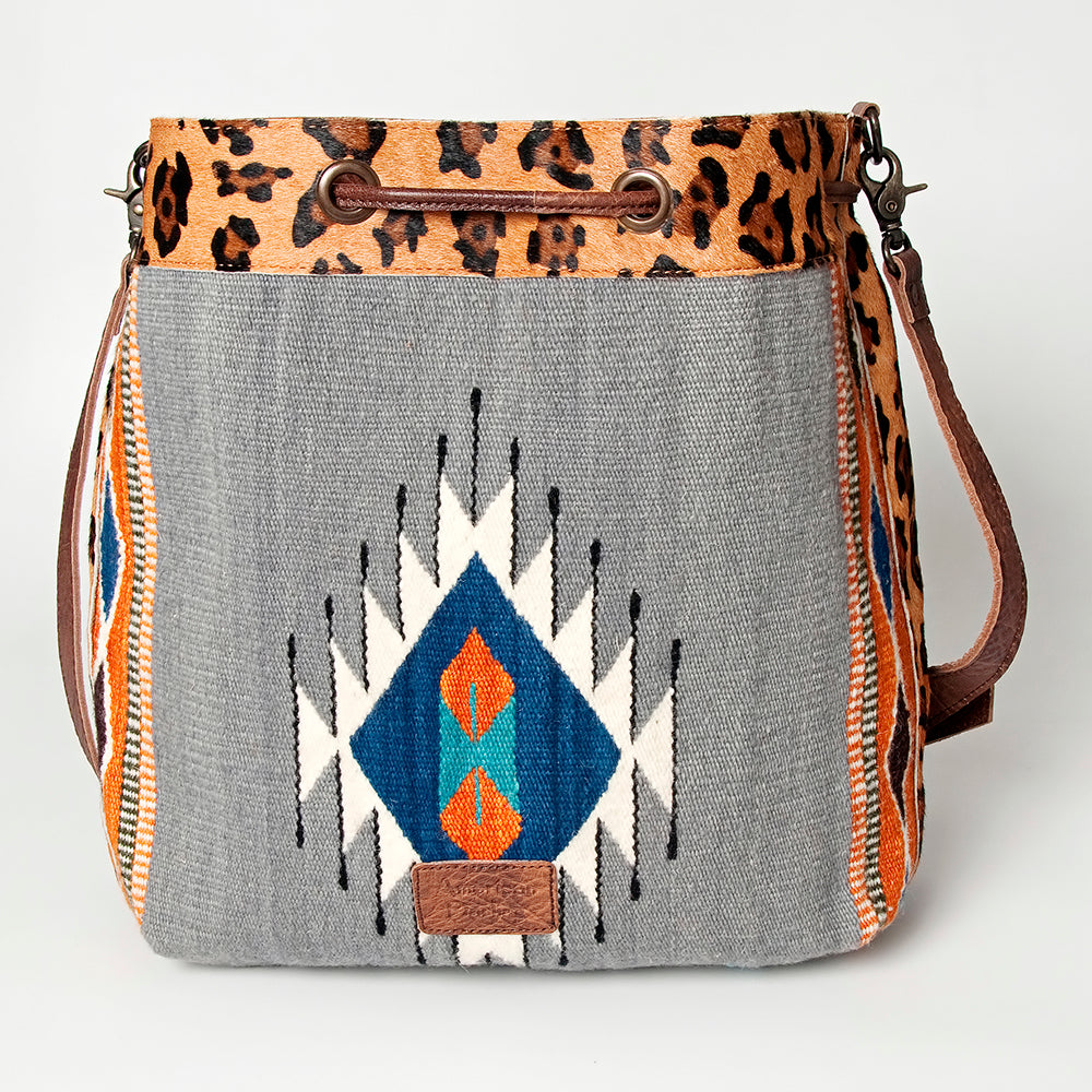 LC-ADBG574 Southwestern Wool Bucket Bag Drawstring Tote with Leather Strap