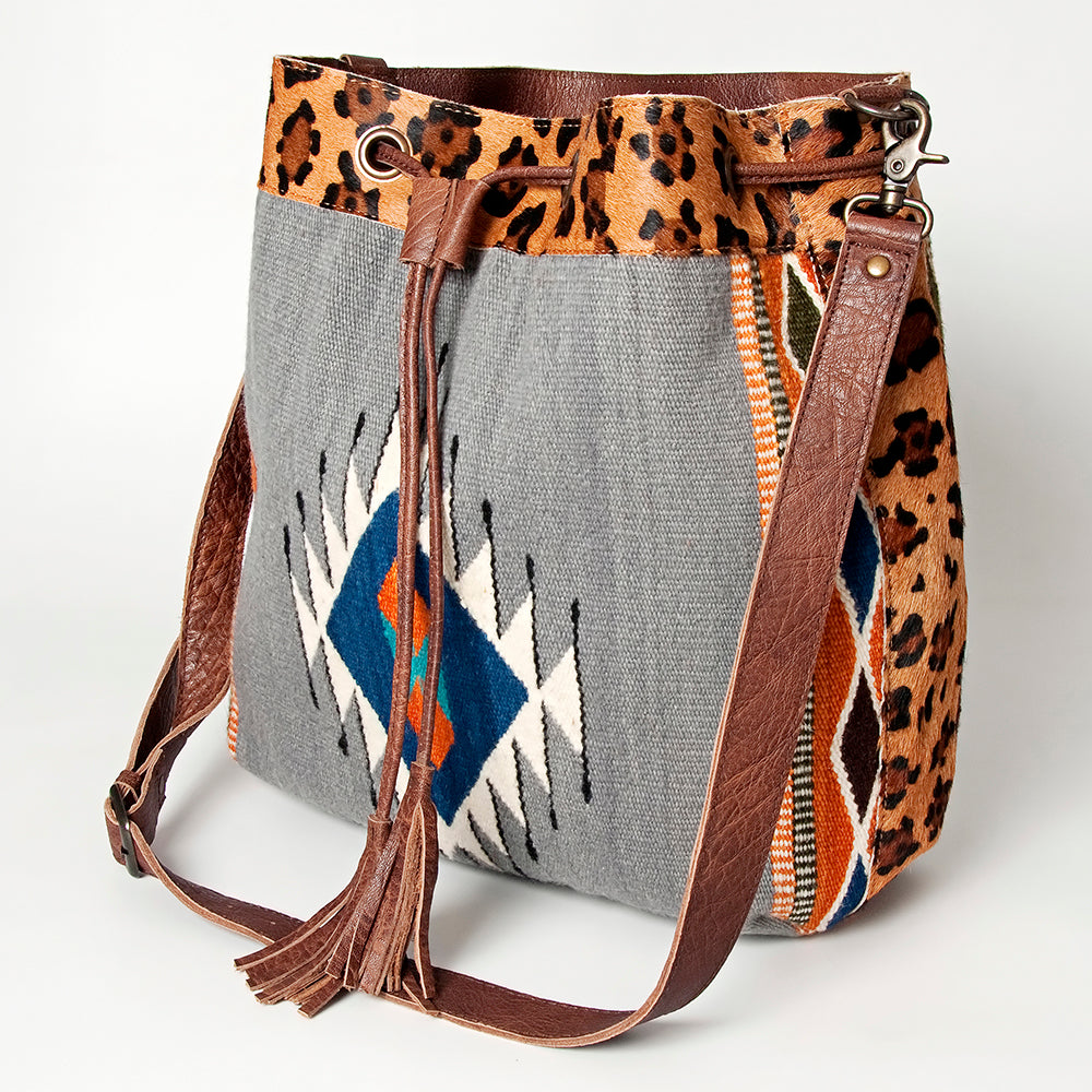 LC-ADBG574 Southwestern Wool Bucket Bag Drawstring Tote with Leather Strap