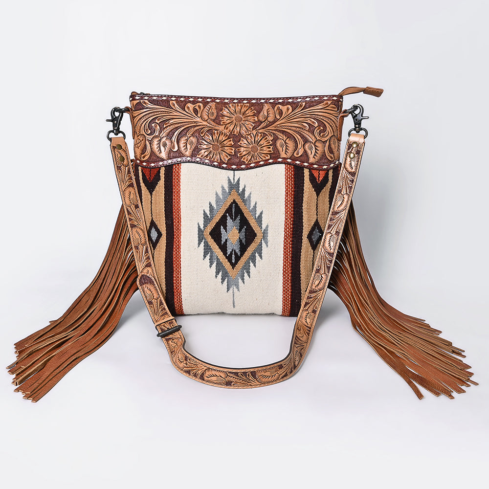 ADBG510 Tooled Leather & Saddle Blanket Crossbody Bag Paisley Western Fringe Purse by American Darling