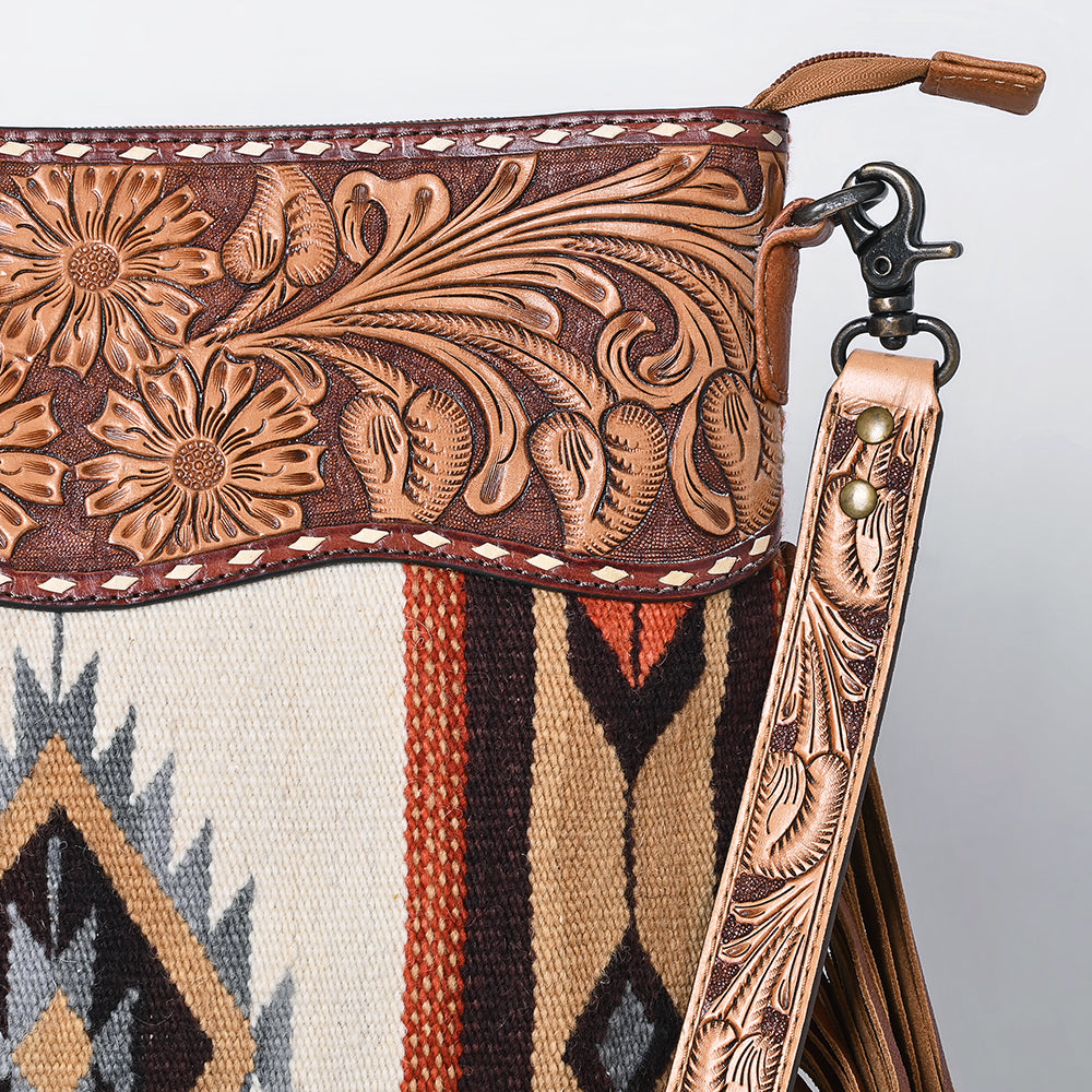 ADBG510 Tooled Leather & Saddle Blanket Crossbody Bag Paisley Western Fringe Purse by American Darling