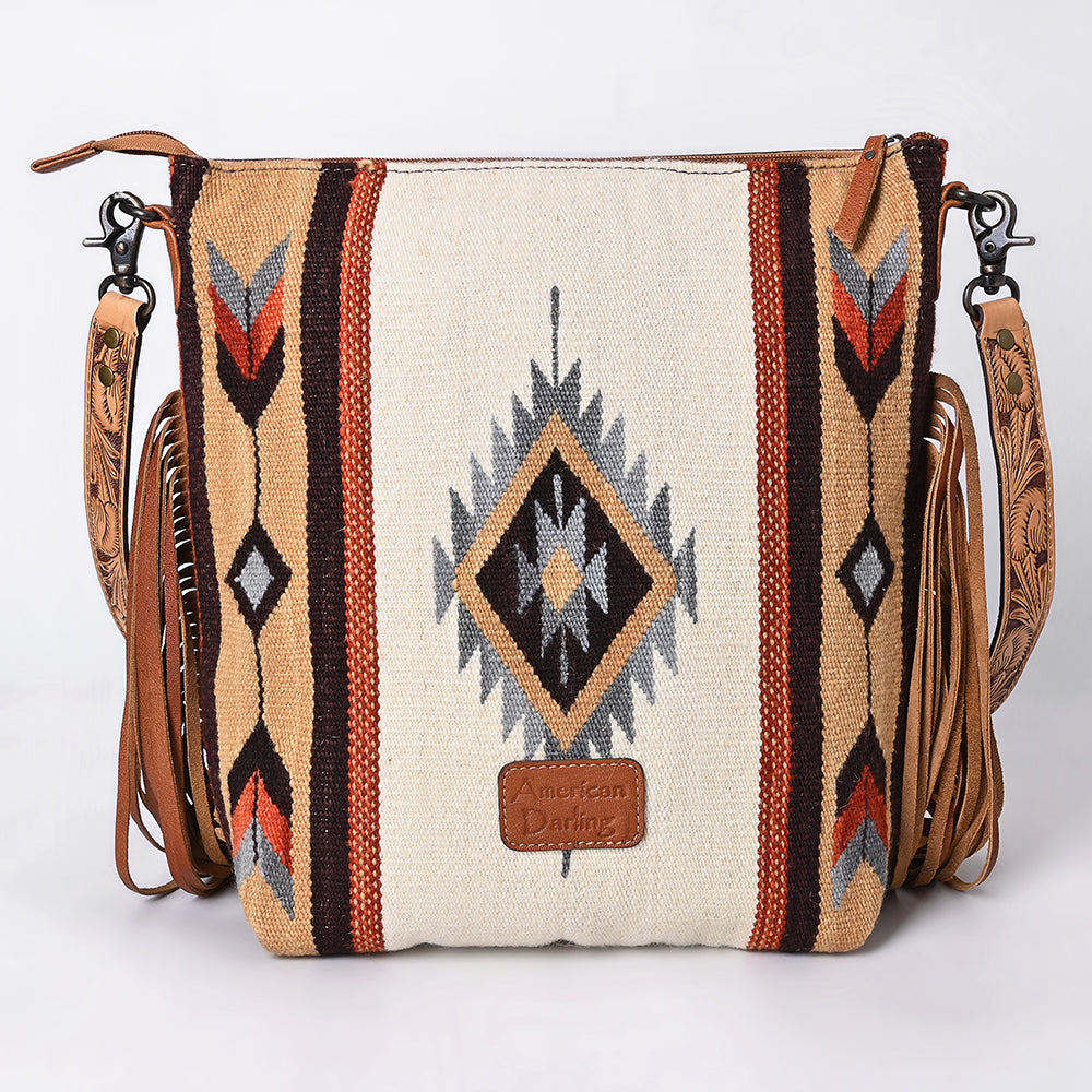 ADBG510 Tooled Leather & Saddle Blanket Crossbody Bag Paisley Western Fringe Purse by American Darling