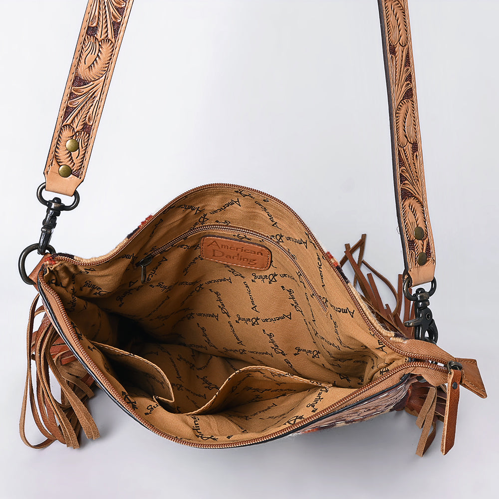 ADBG510 Tooled Leather & Saddle Blanket Crossbody Bag Paisley Western Fringe Purse by American Darling