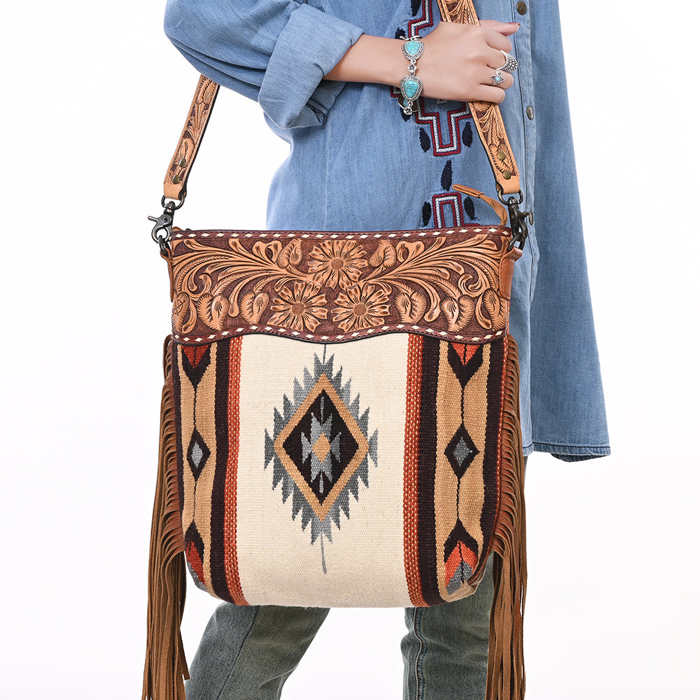 ADBG510 Tooled Leather & Saddle Blanket Crossbody Bag Paisley Western Fringe Purse by American Darling