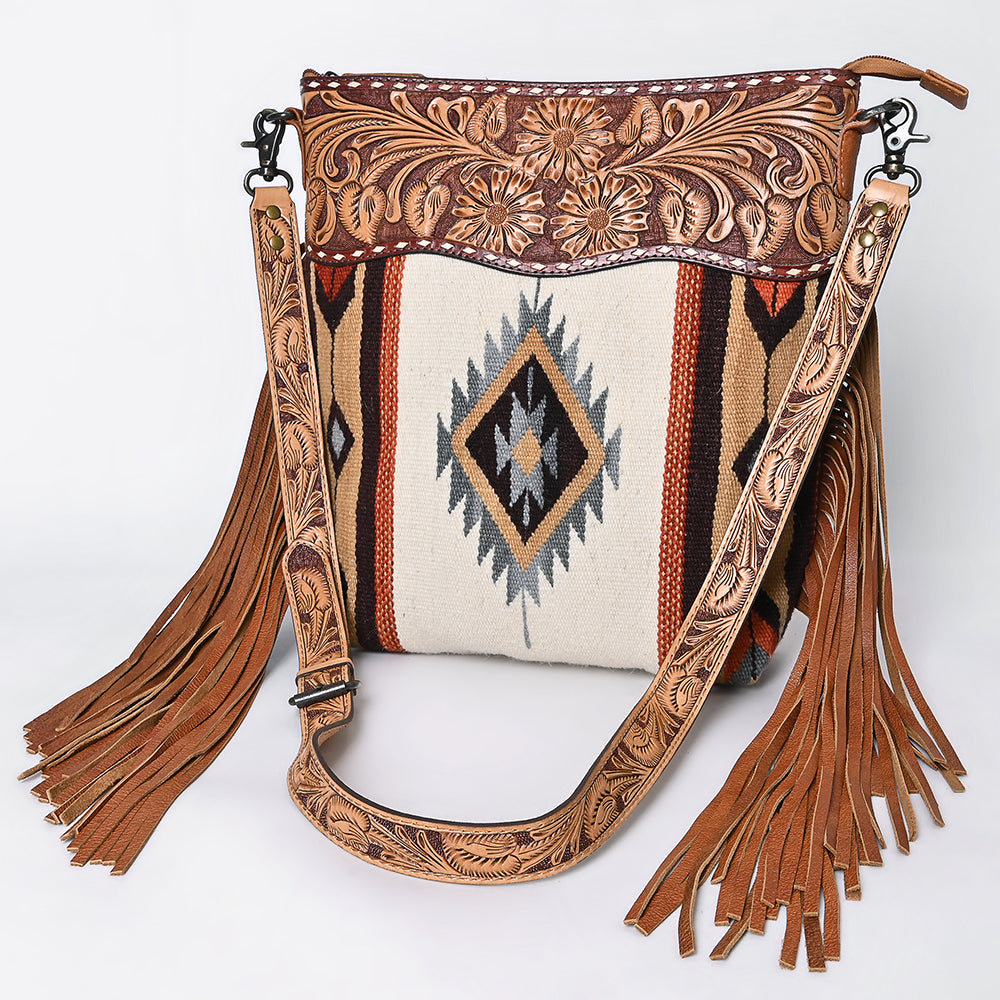 ADBG510 Tooled Leather & Saddle Blanket Crossbody Bag Paisley Western Fringe Purse by American Darling