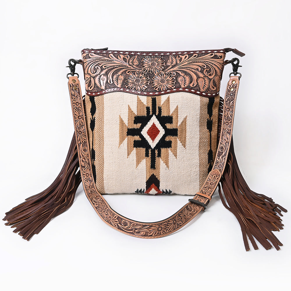 ADBG510 Tooled Leather & Saddle Blanket Crossbody Bag Paisley Western Fringe Purse by American Darling