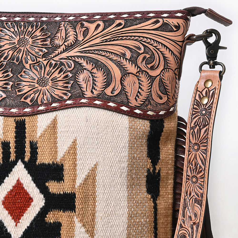ADBG510 Tooled Leather & Saddle Blanket Crossbody Bag Paisley Western Fringe Purse by American Darling