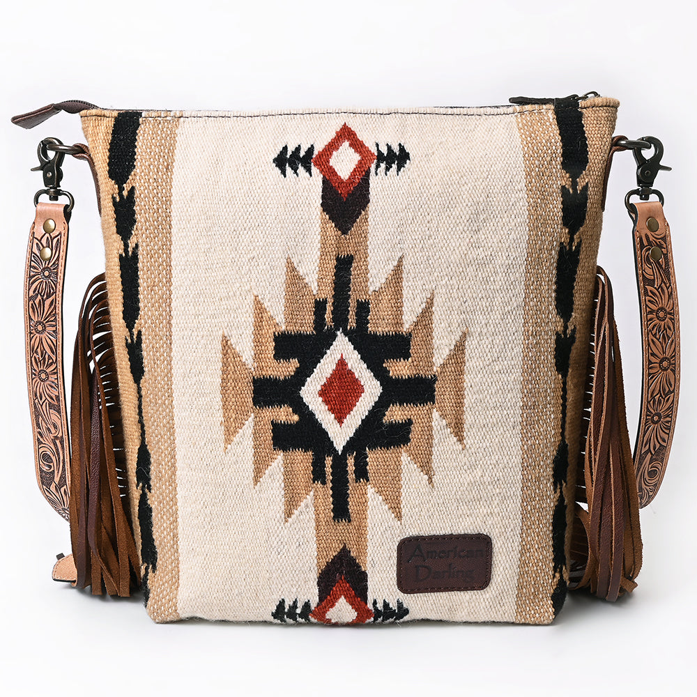 ADBG510 Tooled Leather & Saddle Blanket Crossbody Bag Paisley Western Fringe Purse by American Darling